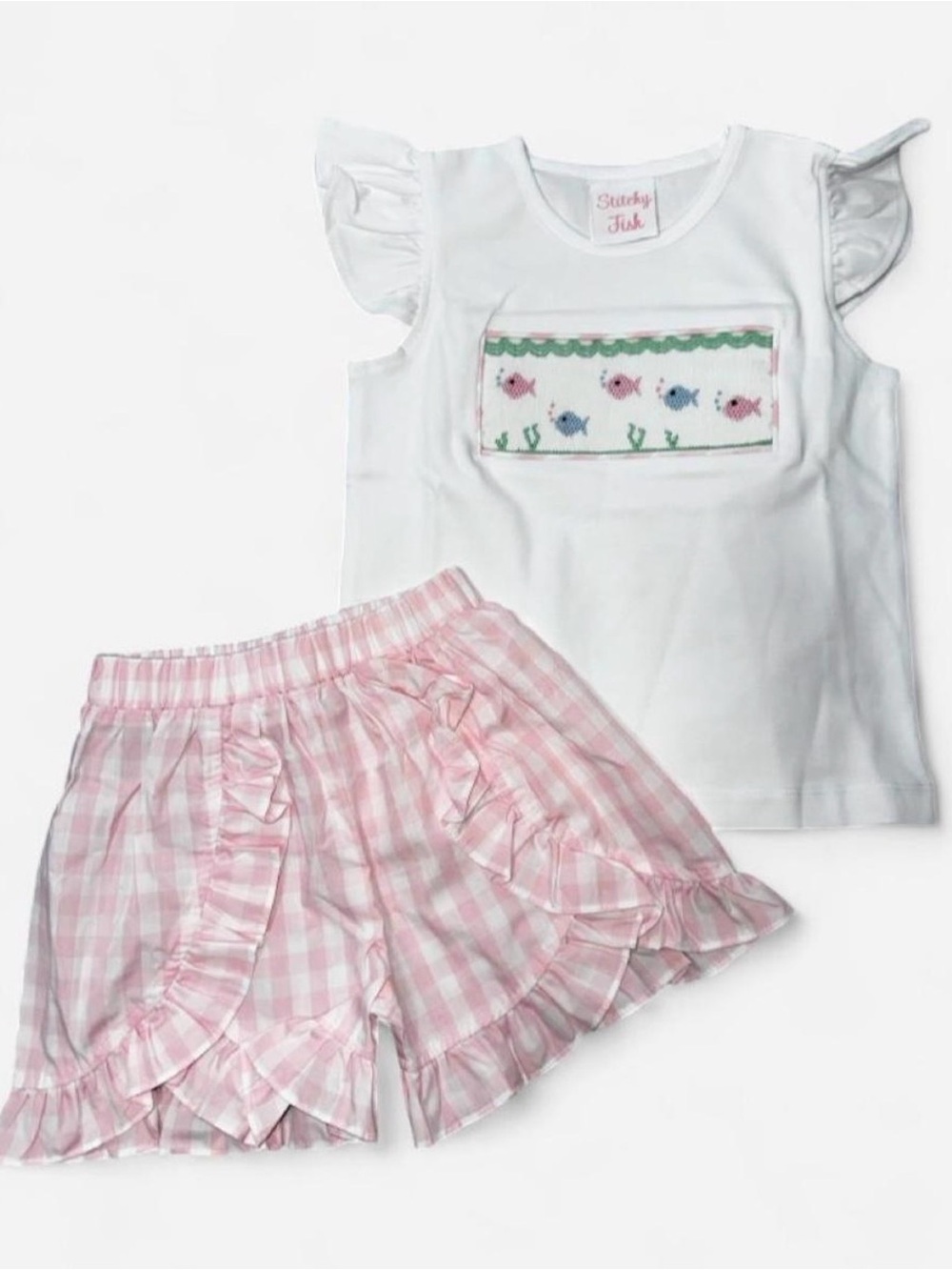 Stitchy Fish White smocked Ruffle Sleeve Top & Pink Gingham Shorts Set - Girls